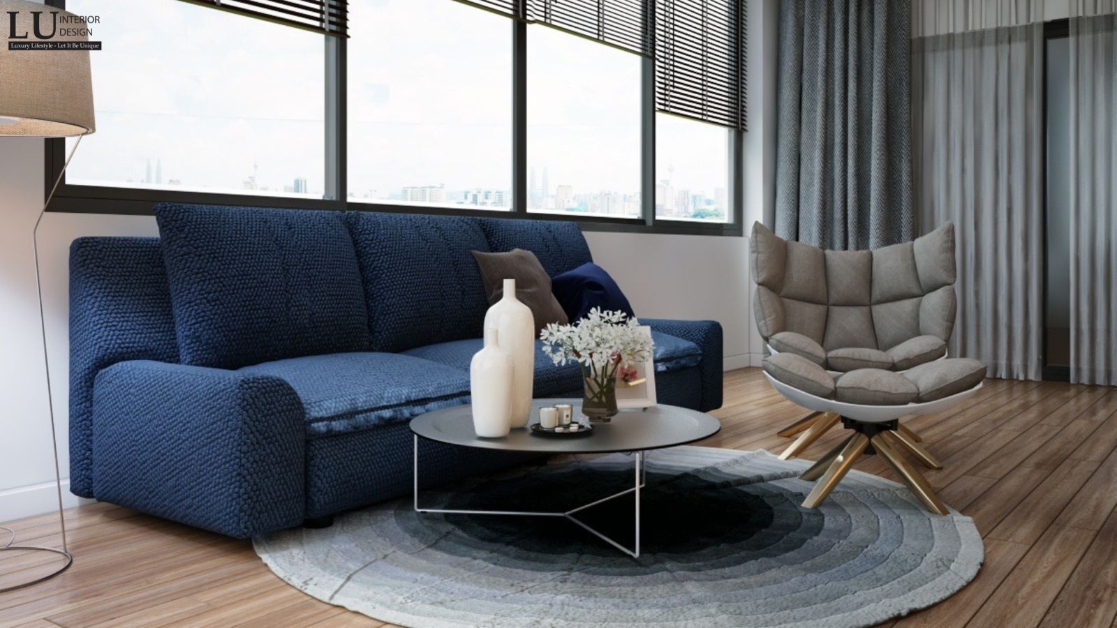 Bộ sofa xanh trong phòng sinh hoạt chung