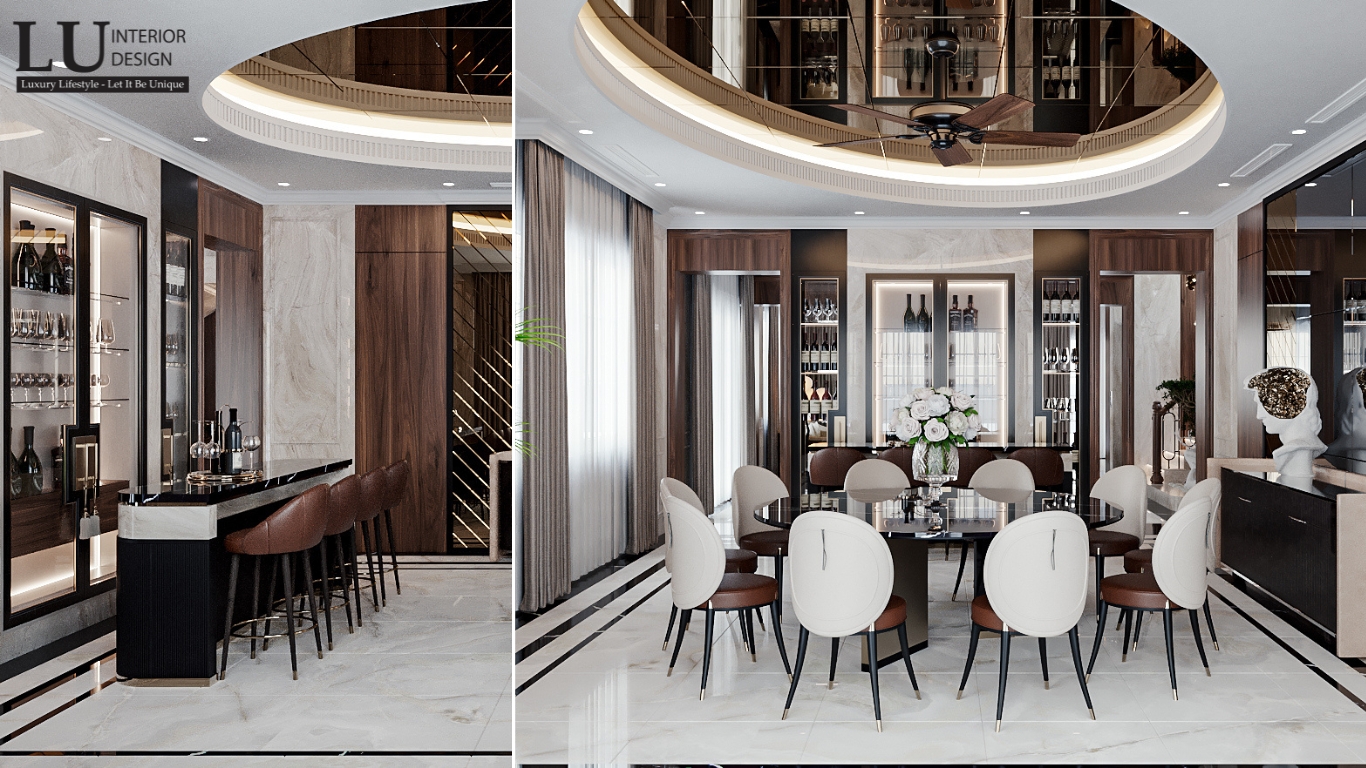 Quầy bar sang trọng cùng bàn ăn lớn trong không gian hiện đại