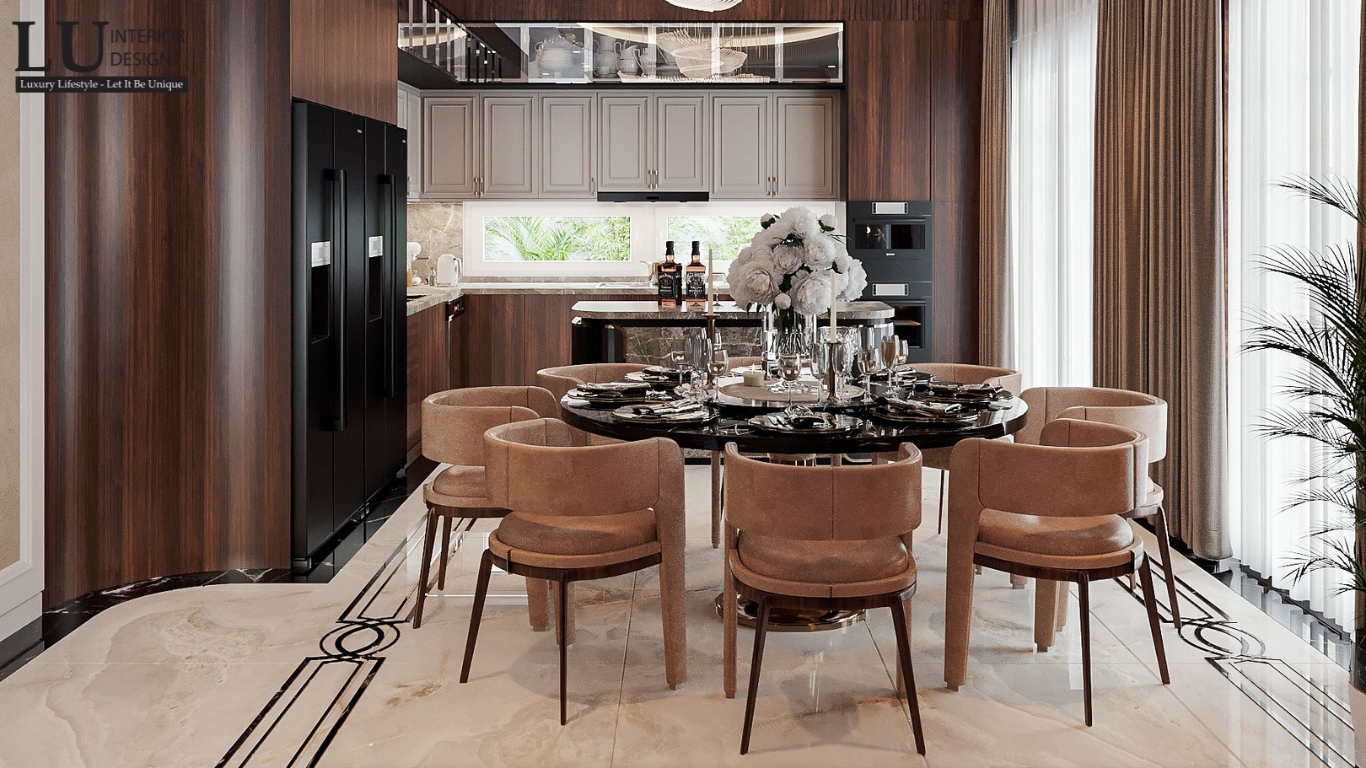 Không gian ăn kết nối liền mạch với bếp biệt thự Khang Điền, tạo cảm giác rộng rãi và thoải mái