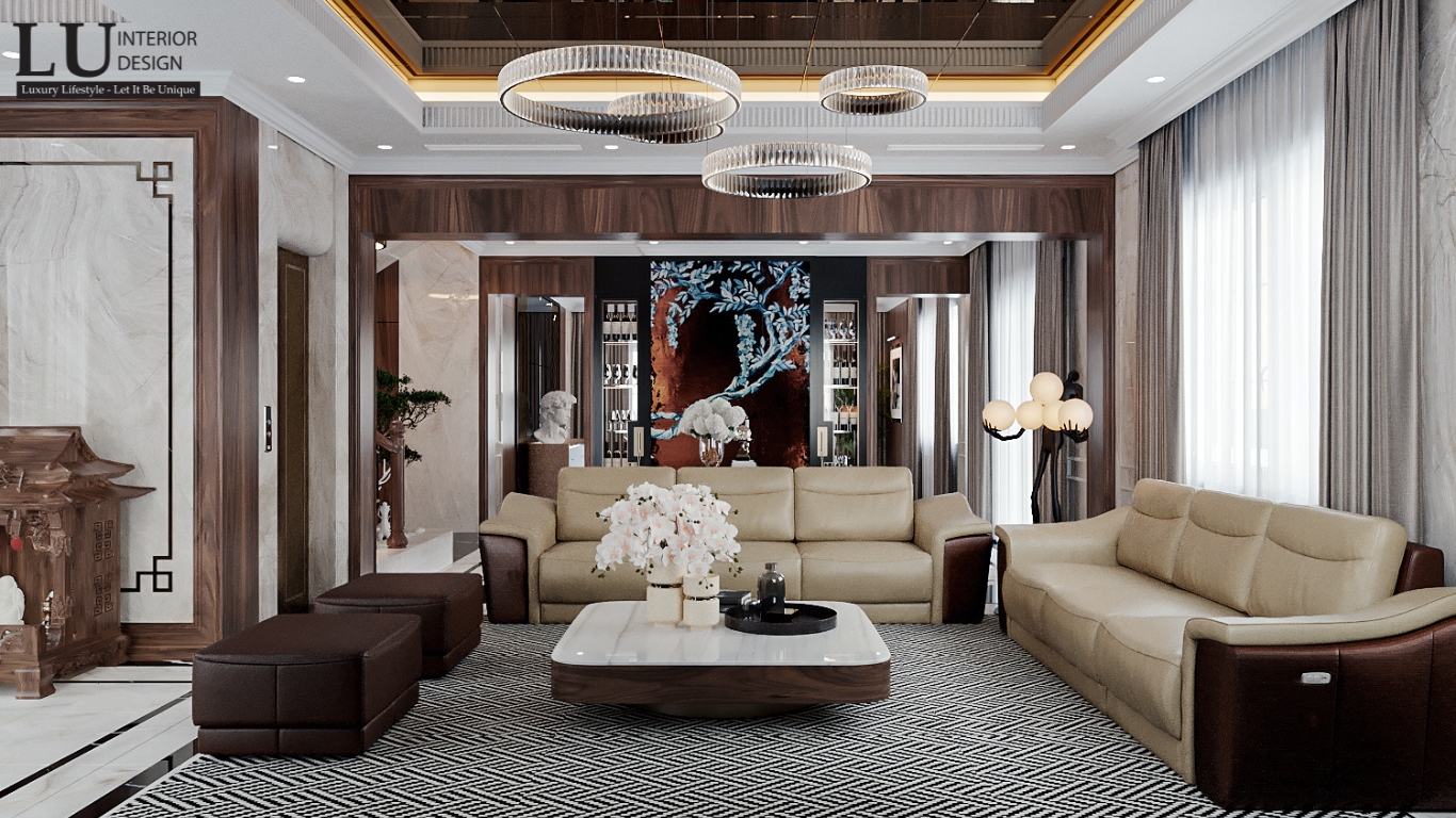 Phòng khách biệt thự Khang Điền với sofa sang trọng và bàn trà tinh tế