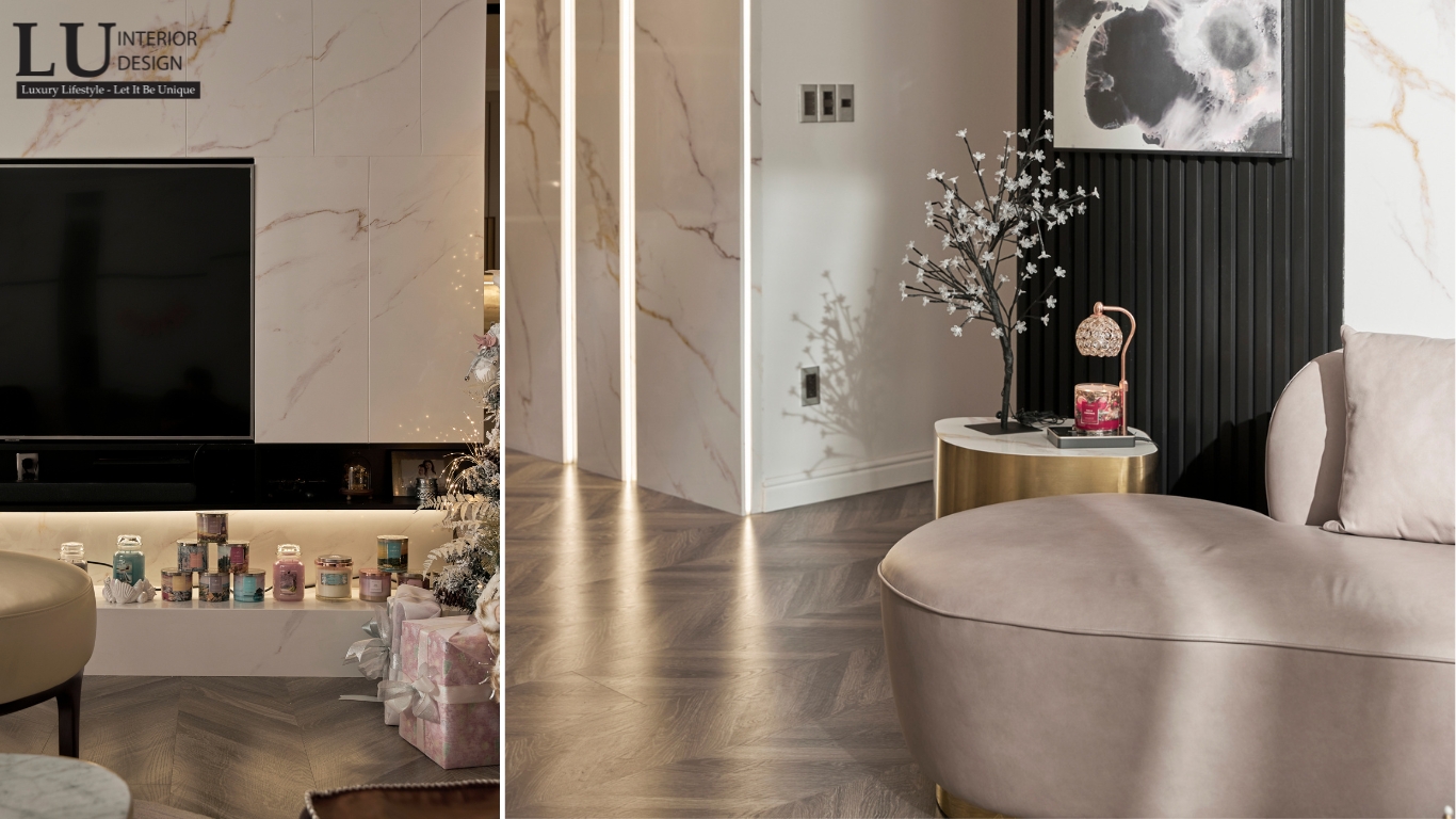 Chi tiết nội thất phòng khách với đồ trang trí tinh tế và cây cảnh