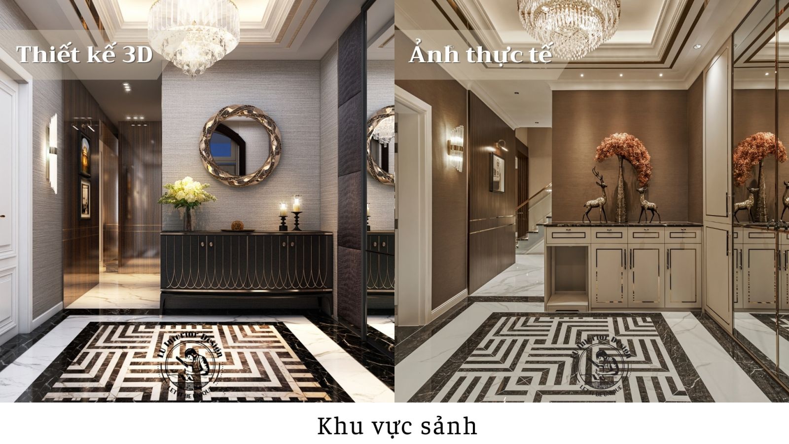 Thiết kế sảnh biệt thự Victoria với không gian đón tiếp sang trọng, sử dụng đá tự nhiên và đèn chùm cao cấp