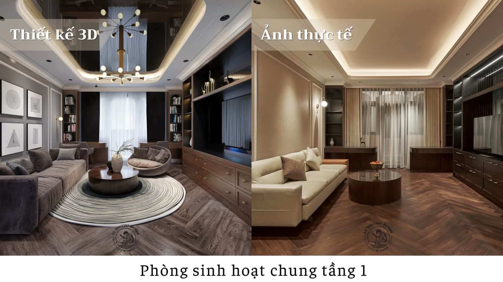 Phòng khách sinh hoạt chung tầng 1 của biệt thự Victoria với nội thất hoàn thiện