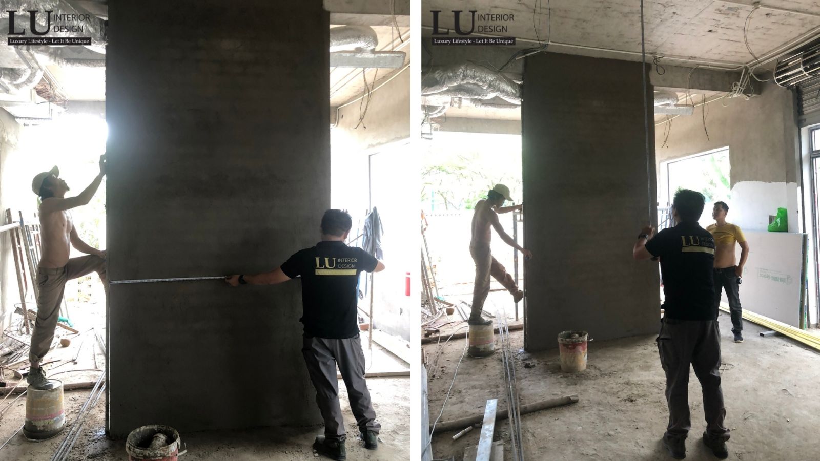 Biệt thự quận 9 của LU Design, công trình đang thi công với đội ngũ kỹ sư và công nhân làm việc chăm chỉ
