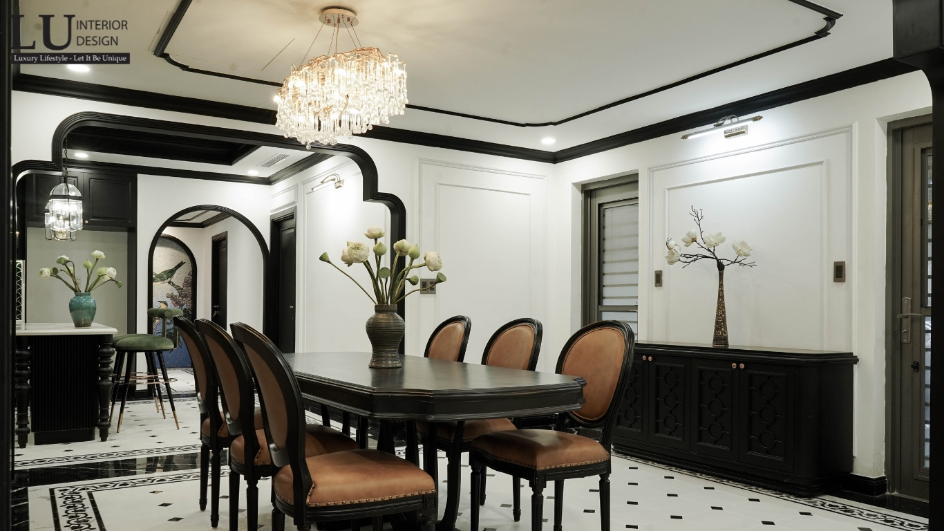 Hình ảnh thực tế khu vực bếp và bàn ăn sau khi thi công nội thất căn hộ Riverpark Premier.