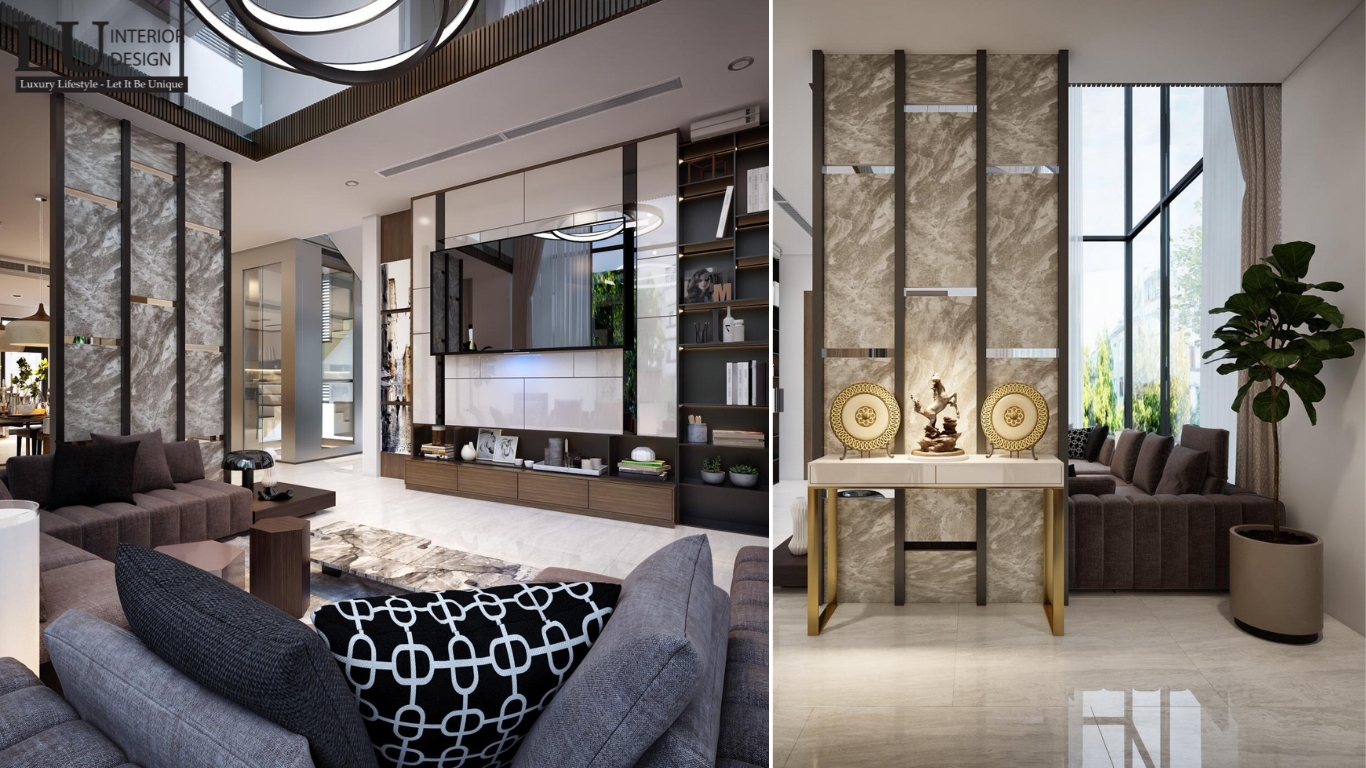 Thiết kế nội thất phòng khách phong cách Modern với các chi tiết trang trí tối giản, sử dụng vật liệu gỗ và kính, không gian mở