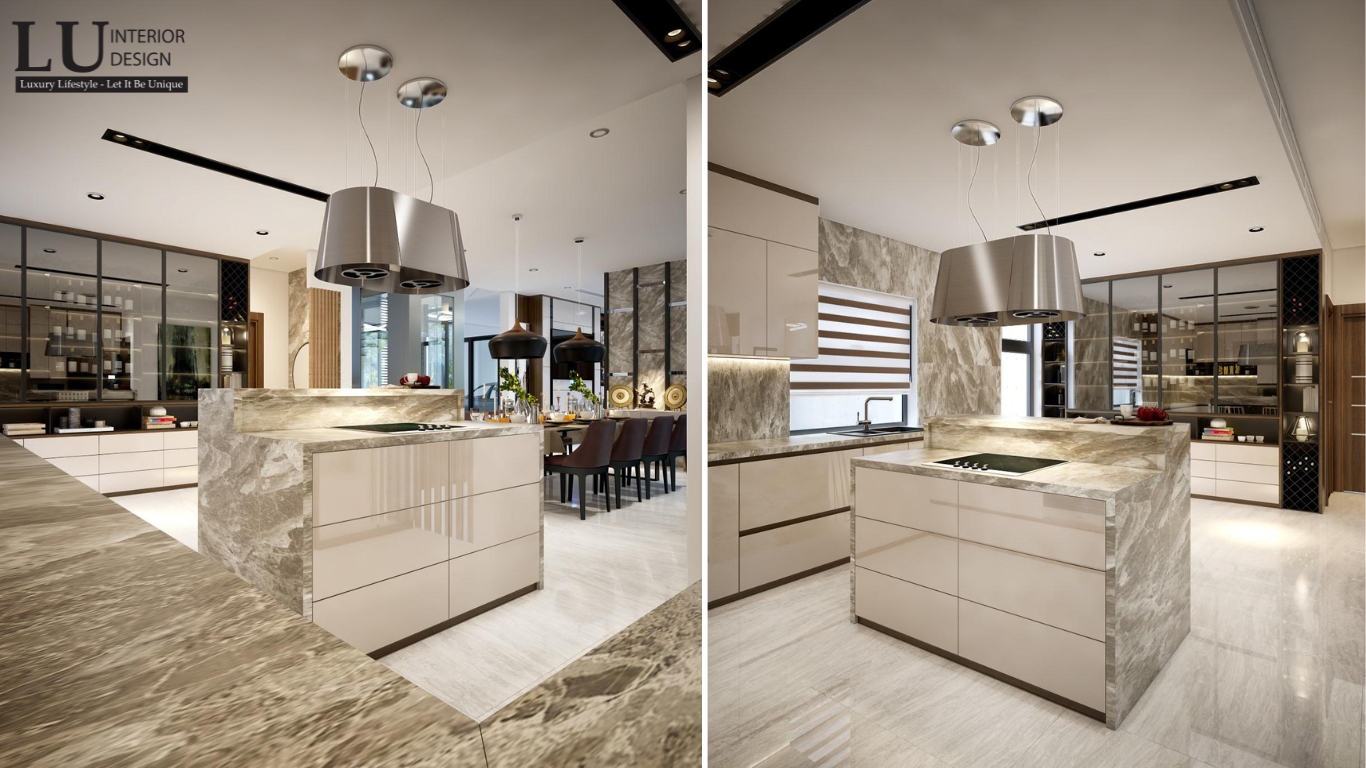 Thiết kế phòng bếp phong cách Modern với vật liệu đá marble cao cấp, tủ bếp đơn giản và không gian thoáng đãng, phù hợp cho mọi gia đình.