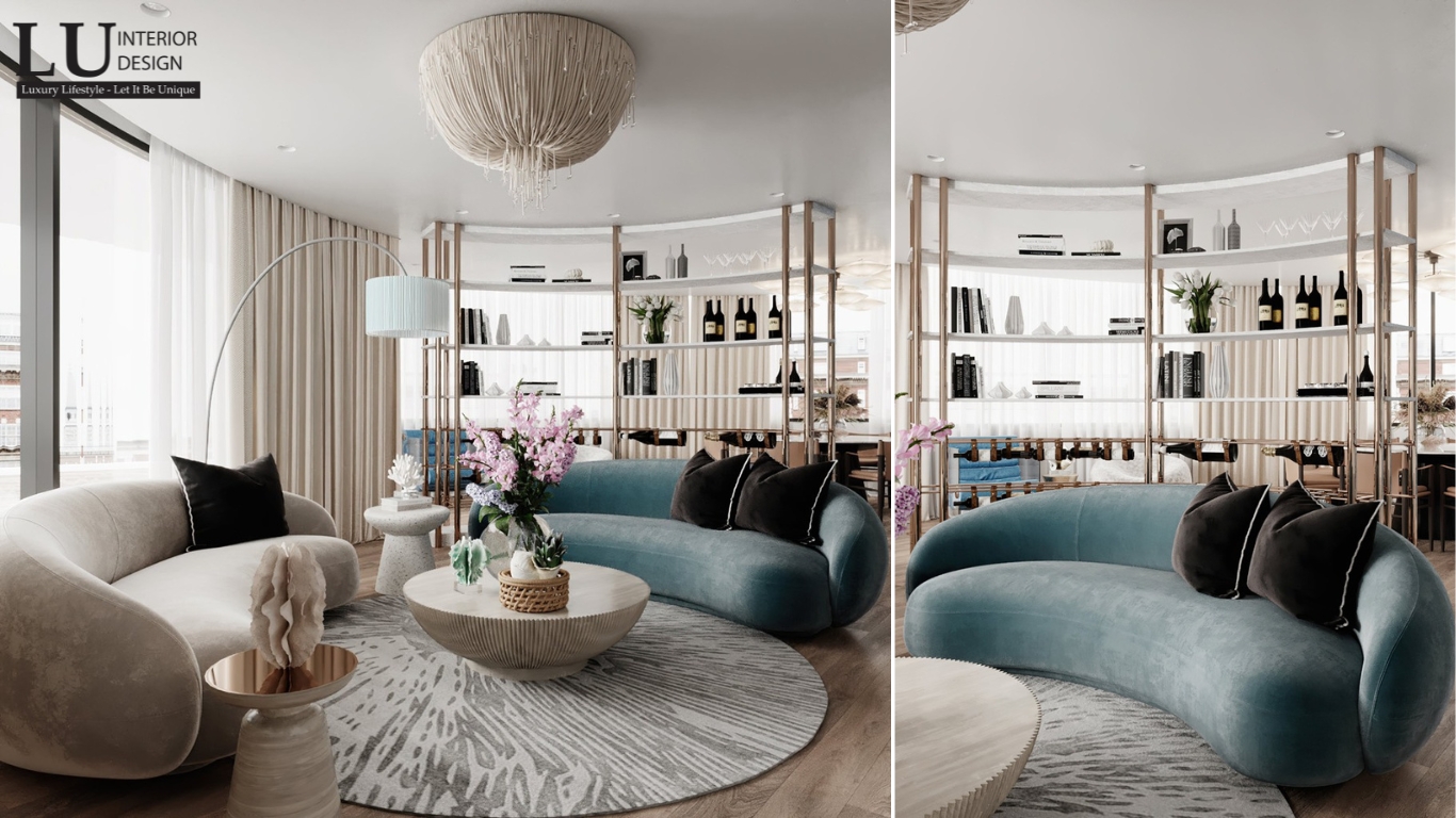 Thiết kế phòng khách tone xanh penthouse Vũng Tàu thiết kế hiện đại cổ điển với sofa cong và đèn chùm sang trọng