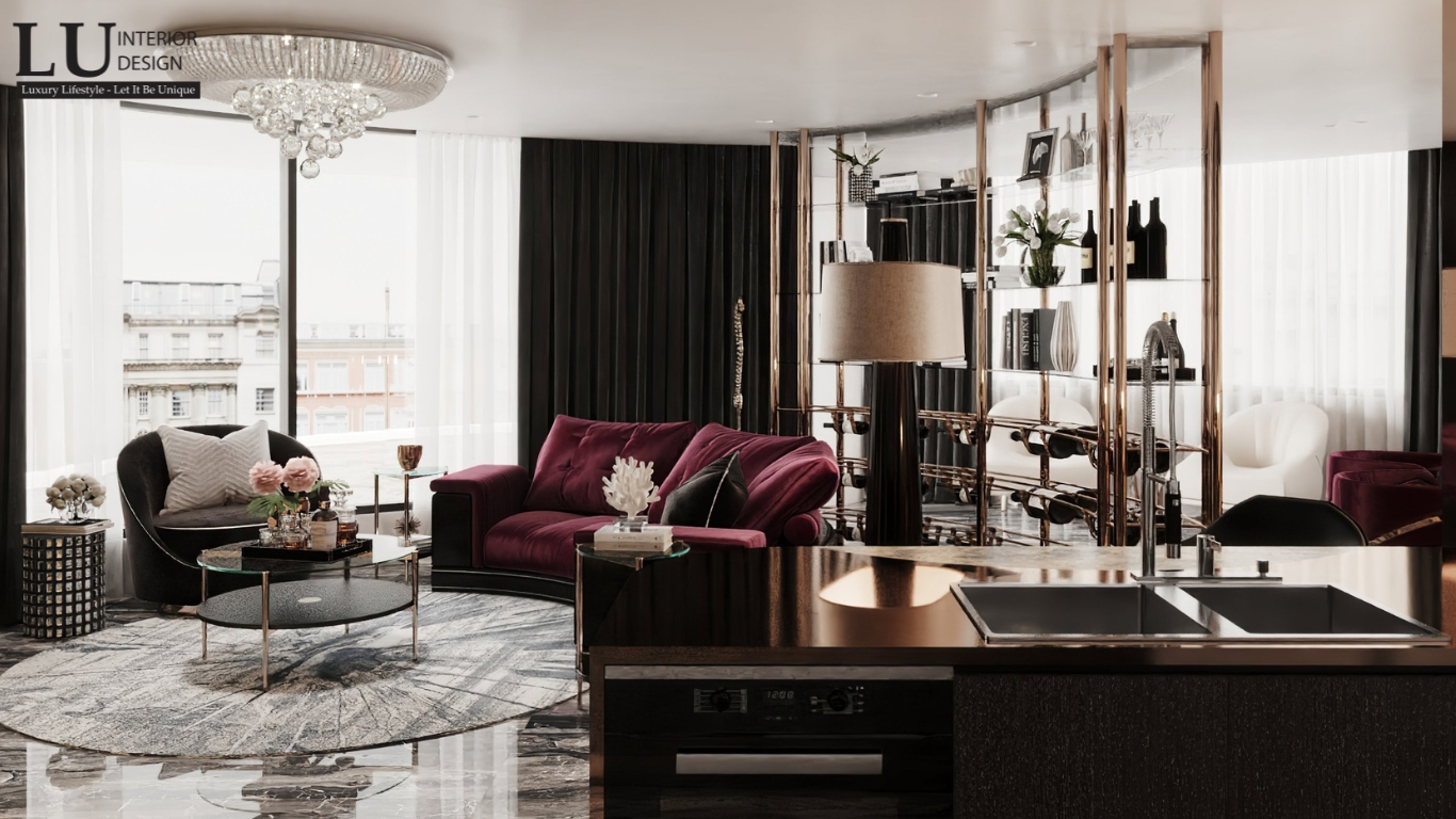 Thiết kế phòng khách và bếp penthouse Vũng Tàu tone đỏ thiết kế hiện đại cổ điển với sofa nhung