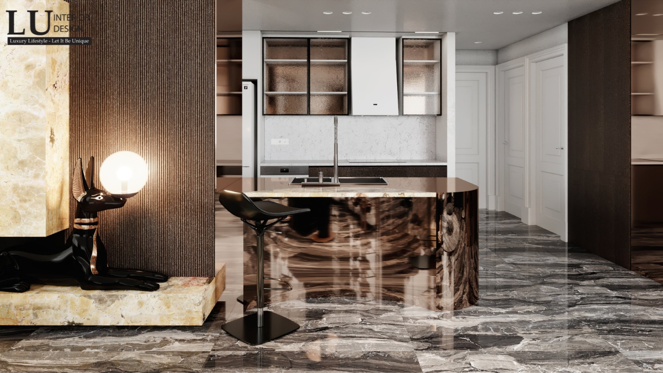  Thiết kế bếp penthouse Vũng Tàu tone đỏ hiện đại cổ điển với đảo bếp và đèn decor nghệ thuật