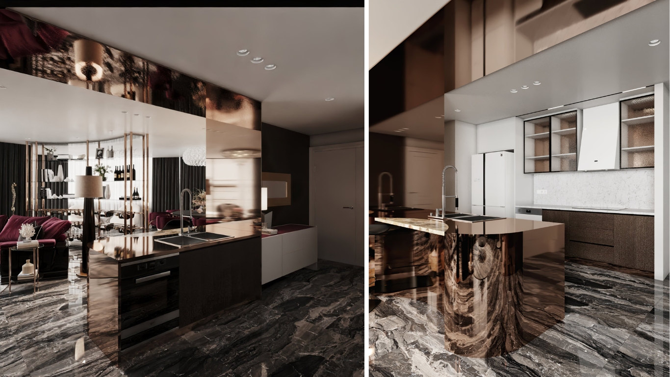 Thiết kế khu vực bếp penthouse Vũng Tàu tone đỏ với thiết kế đảo bếp bo cong phủ bóng và tủ bếp âm tường cao cấp