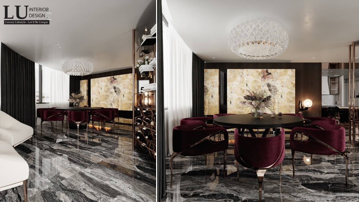 Thiết kế phòng ăn penthouse Vũng Tàu tone đỏ thiết kế modern classic với ghế nhung đỏ và đèn pha lê sang trọng