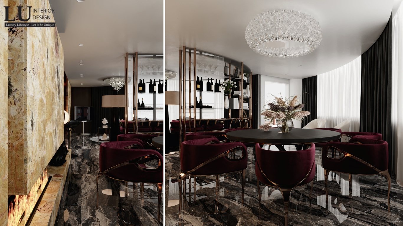 Thiết kế không gian phòng ăn penthouse Vũng Tàu tone đỏ kết hợp vách đá tự nhiên và bàn tròn hiện đại