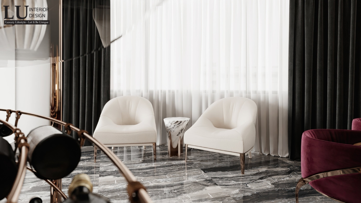 Thiết kế góc thư giãn penthouse Vũng Tàu với ghế bành trắng