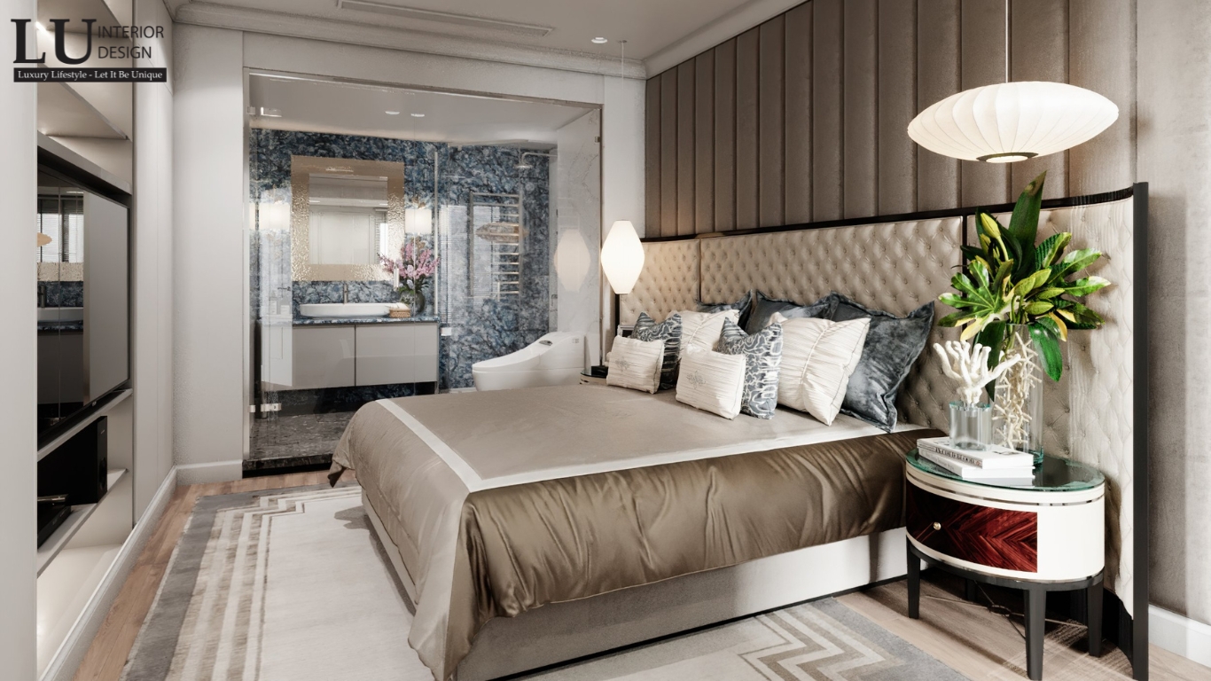 Thiết kế phòng ngủ master penthouse Vũng Tàu tone xanh thiết kế hiện đại cổ điển với vách đầu giường bọc nệm và phòng tắm liền kề