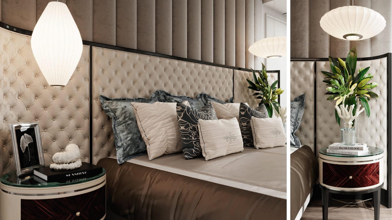 Thiết kế nội thất phòng ngủ master penthouse Vũng Tàu tone xanh với gối nhung, đèn ngủ phong cách và decor đầu giường thanh lịch