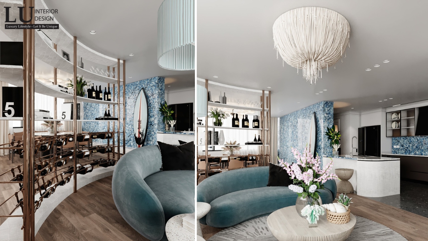 Thiết kế không gian phòng khách penthouse Vũng Tàu thiết kế modern classic với tường ốp đá xanh và kệ rượu nghệ thuật