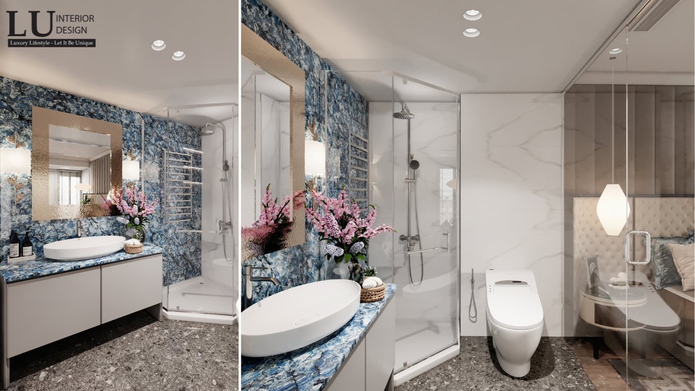 Thiết ké nội thất phòng tắm master penthouse Vũng Tàu thiết kế hiện đại cổ điển với đá xanh ốp tường và thiết bị vệ sinh cao cấp