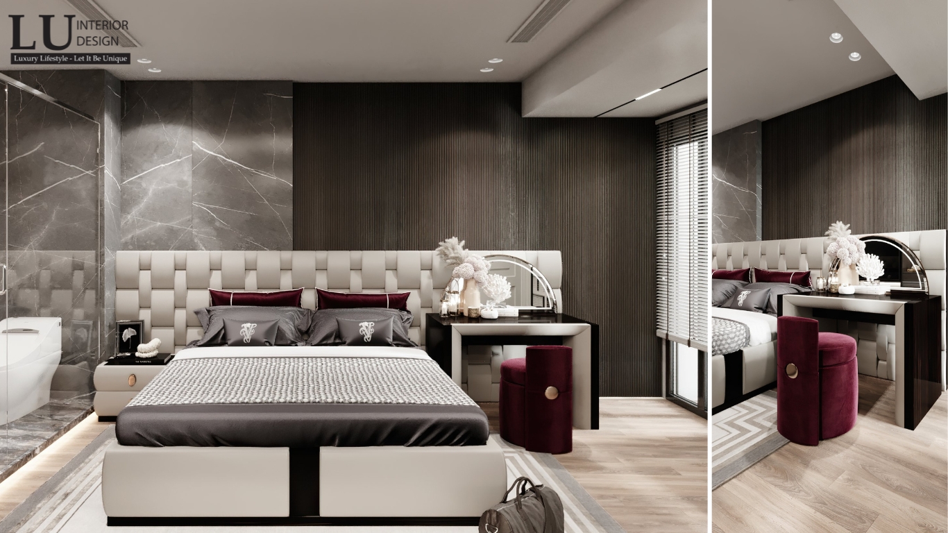 Thiết kế nội thất phòng ngủ master penthouse Vũng Tàu tone đỏ thiết kế modern classic với đầu giường bọc da và bàn phấn sang trọng