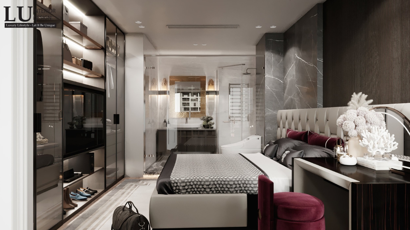 Thiết kế nội thất phòng ngủ master penthouse Vũng Tàu tone đỏ hiện đại cổ điển với khu vực thay đồ và phòng tắm liền kề