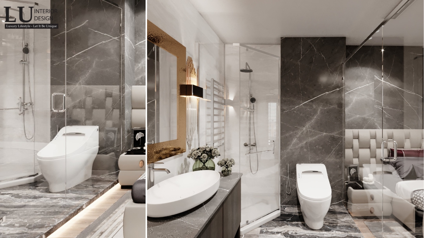 Thiết kế phòng tắm trong phòng ngủ master penthouse Vũng Tàu tone đỏ hiện đại với đá marble và thiết bị vệ sinh cao cấp