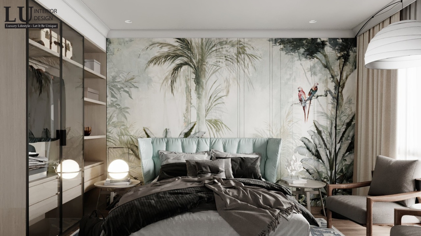Thiết kế phòng ngủ tone xanh thiết kế modern classic penthouse Vũng Tàu với đầu giường bọc nệm và tranh tường tropical nghệ thuật