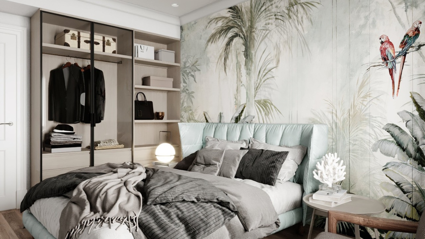 Thiết kế nội thất phòng ngủ penthouse Vũng Tàu phong cách modern classic với tranh tường cây cối và két sắt âm tường