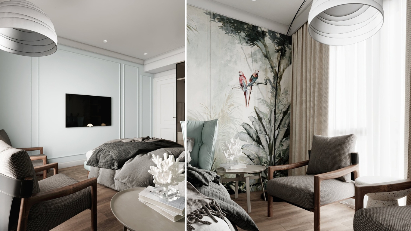 Thiết kế góc thư giãn phòng ngủ hiện đại cổ điển tone xanh penthouse Vũng Tàu với ghế bành gỗ và ánh sáng tự nhiên