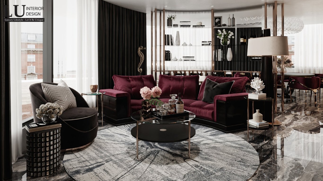 Thiết kế phòng khách penthouse Vũng Tàu tone đỏ rượu vang thiết kế modern classic với sofa nhung và kệ rượu sang trọng