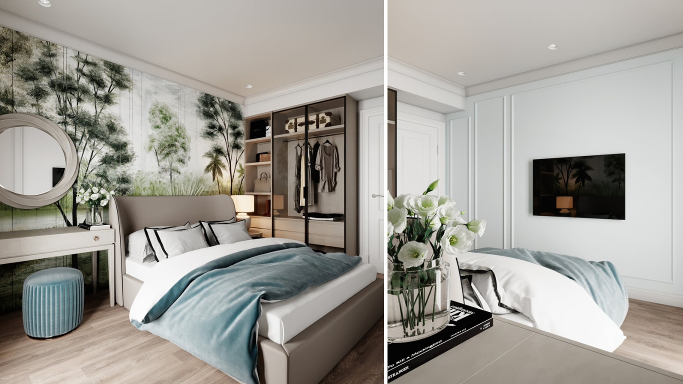 Thiết kế nội thất tổng thể phòng ngủ 2 căn hộ penthouse Vũng Tàu tone xanh sang trọng