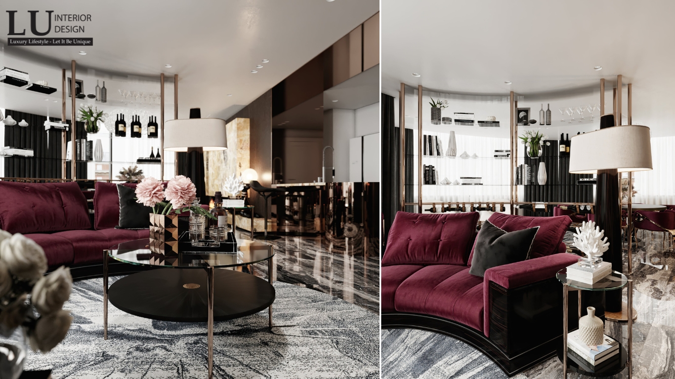  Thiết kế nội thất phòng khách penthouse Vũng Tàu phong cách modern classic tone đỏ với bàn trà kính và sàn đá marble cao cấp