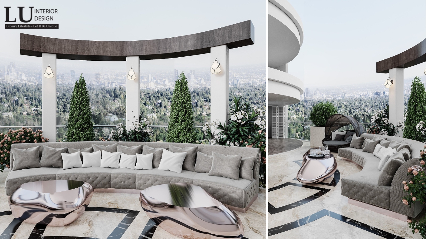Thiết kế không gian ngoài trời với ghế sofa và cây xanh trang trí phong cách Modern Classic
