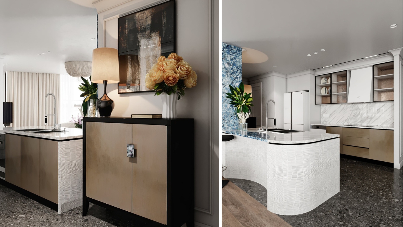 Thiết kế góc nhìn đảo bếp penthouse Vũng Tàu hiện đại cổ điển với tủ lưu trữ sang trọng và chi tiết decor tinh tế