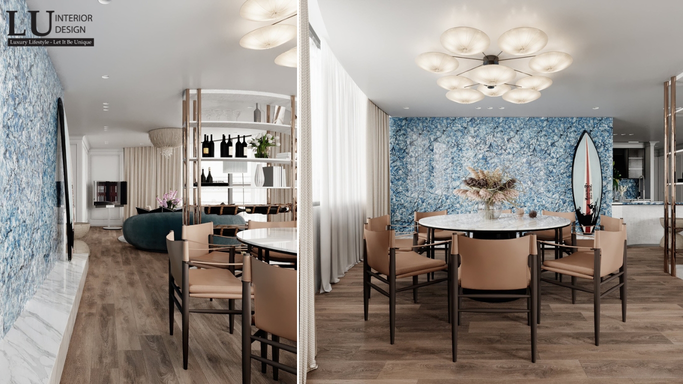 Thiết kế phòng ăn penthouse Vũng Tàu tone xanh với tường đá cẩm thạch xanh và bàn ăn tròn hiện đại