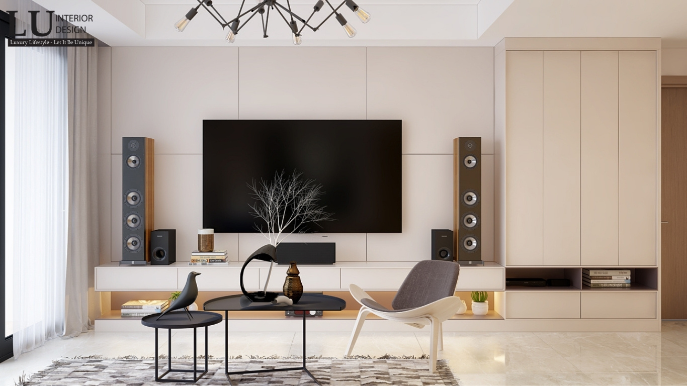 Thiết kế nội thất TV màn hình phẳng lớn, kết hợp cùng hệ thống loa cao cấp với thiết kế nổi bật