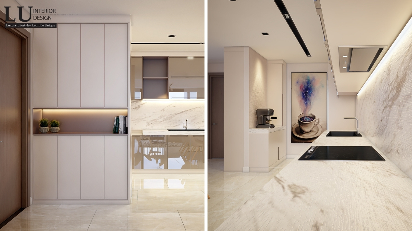 Thiết kế bếp của căn hộ The View được thiết kế theo phong cách mở, tối giản nhưng vẫn đầy đủ tiện nghi
