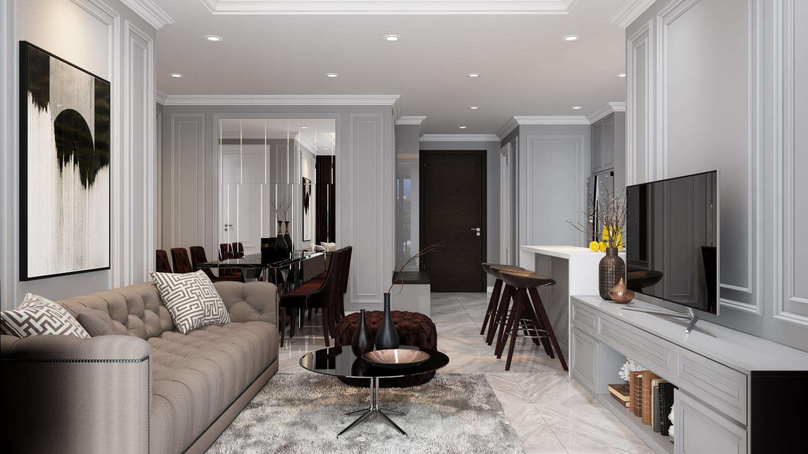 Thiết kế thi công nội thất căn hộ The Infiniti Riviera Point - phòng khách mang phong cách Neo-classic  