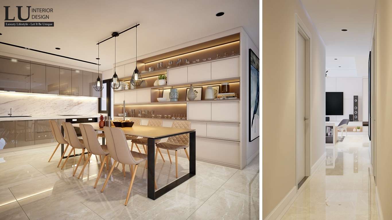 Thiết kế thi công nội thất The Infiniti Riviera Point với không gian bếp và bàn ăn được thiết kế mở
