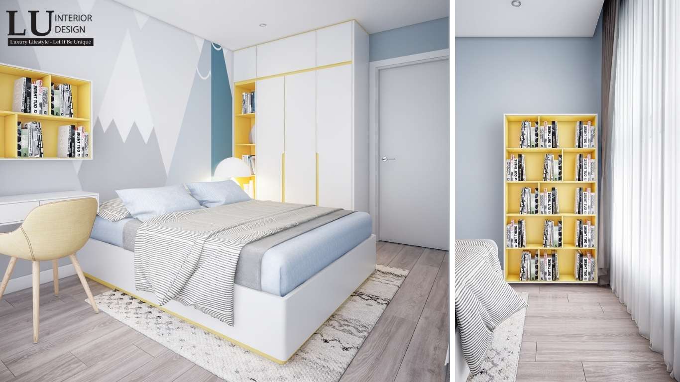Thiết kế thi công nội thất The Infiniti Riviera Point với thiết kế cạnh giường là các chi tiết trang trí như bàn,tủ sách và thảm trải sàn tạo nên sự hài hòa cho không gian